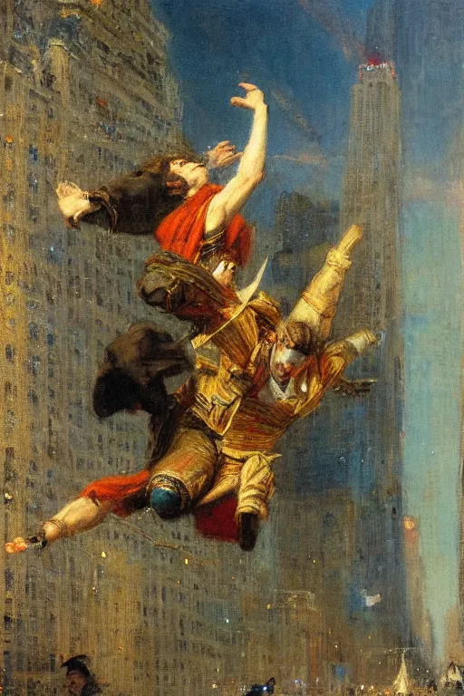 Prompt: painting of a young man flying through new york city. his hands stretched to the side. the city is alive beneath him. art by gaston bussiere.