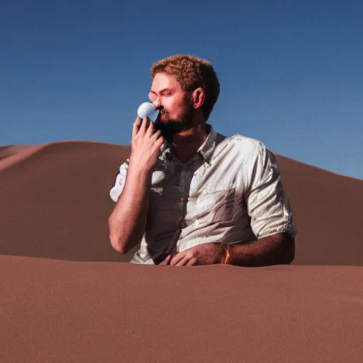 Image similar to photograph of a man wearing cameo in the desert and eating crayons