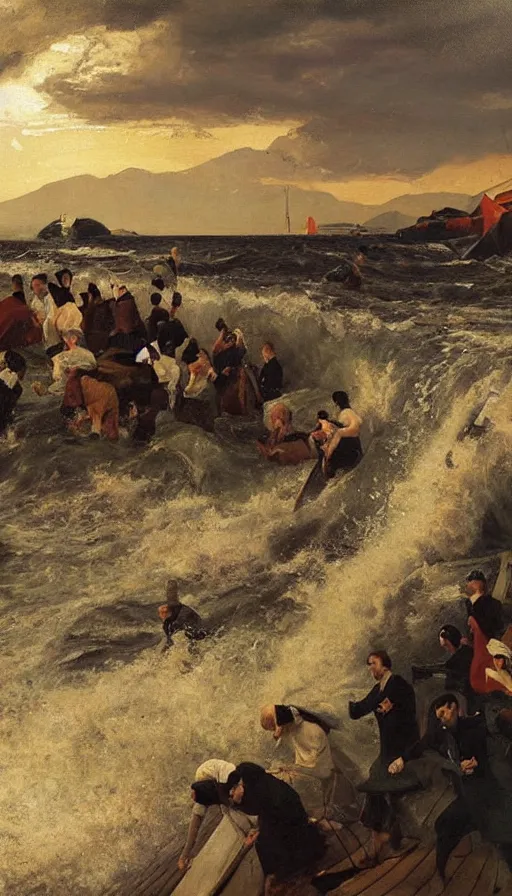 Image similar to painting of tsunami flooding a birthday party, by Peder Krøyer, dramatic lighting, golden hour, epic, intricate detail, canvas print