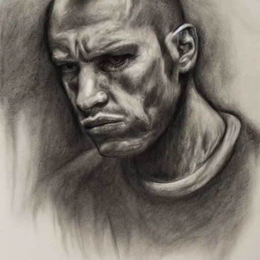 Image similar to Detailed portrait of a weary jarhead. Charcoal.