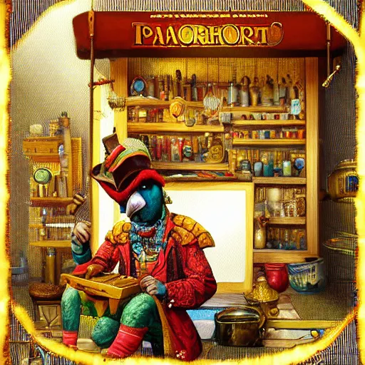 Image similar to Anthropomorphized parrot trader in his shop, selling his wares, portrait, items, weapons, magic potions, carpet, window, fancy hat, sly expression , cunning expression, cute expression, long thick shiny gold beak, presenting wares, holding a gold bag, D&D, fantasy, cinematic lighting, highly detailed, digital painting, artstation, concept art, smooth, sharp focus, illustration, warm light, cozy warm tint, magic the gathering artwork, volumetric lighting, 8k, art by Akihiko Yoshida, Greg Rutkowski