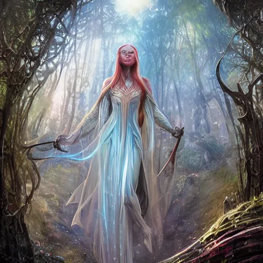 Image similar to Gorgeous Galadriel in armour standing in a fantastical machine forest, highly detailed, half fractal face, cinematic, 8k, by Stanley Artgermm, Tom Bagshaw, Greg Rutkowski, Carne Griffiths, Ayami Kojima, Beksinski, Giger, trending on DeviantArt, hyper detailed, full of color, digital art,