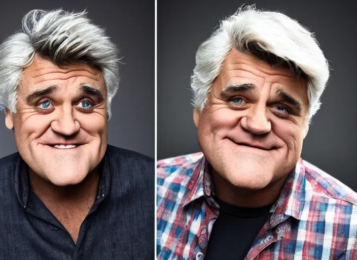 Image similar to photo still of jay leno!!!!!!!! at age 4 6 years old 4 6 years of age!!!!!!!! dirty and homeless, 8 k, 8 5 mm f 1. 8, studio lighting, rim light, right side key light