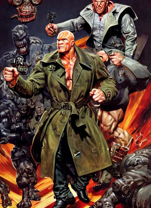 Image similar to full body and head portrait of hulking martyn ford wearing a trench coat as juggernaut, dynamic action painted by norman rockwell and phil hale and greg staples and tom lovell and frank schoonover and jack kirby