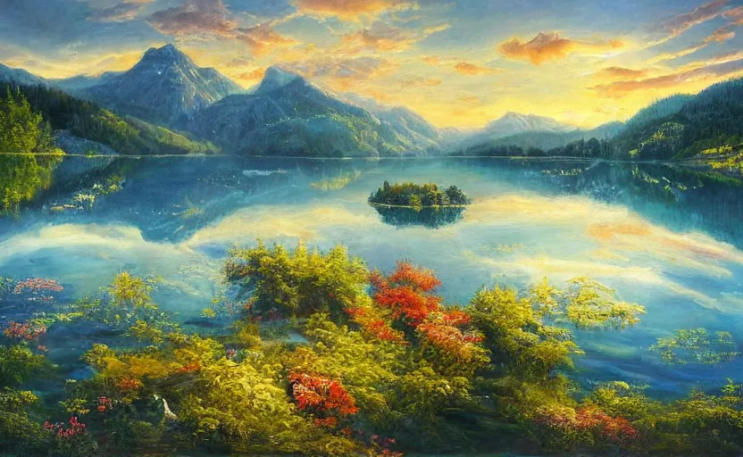 Image similar to beautiful award winning mythical painting of an austrian lake, 4 k, ultra hd