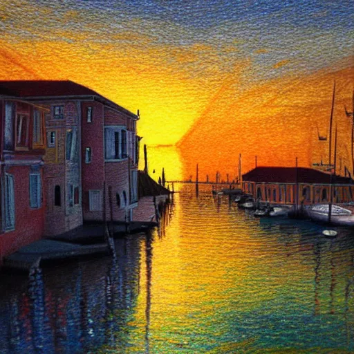 Prompt: Colored pencil art on paper, Venetian port village Sunset reflecting light of the water, highly detailed, artstation, MasterPiece, Award-Winning, Caran d'Ache Luminance