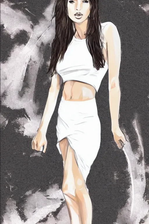 Image similar to full length portrait of very very very very very beautiful brunette female with amazing figure wearing tight night ’ s club dress and in white simple sneakers doing model posing, sharp focus, illustration, art by maxim fashion magazine.