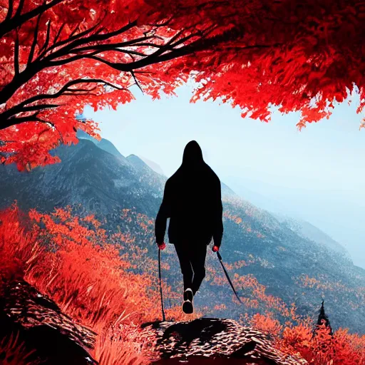 Image similar to person with hoodie walking up a mountain with a backpack that has katanas on the sides by ilya kuvshinov, amazing composition, astonishing detail, smooth lines, beautiful scenery