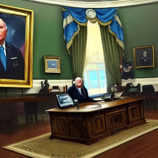 Image similar to senator armstrong from metal gear rising revengeance sitting behind resolute desk, oil painting, presidential portrait, oval office