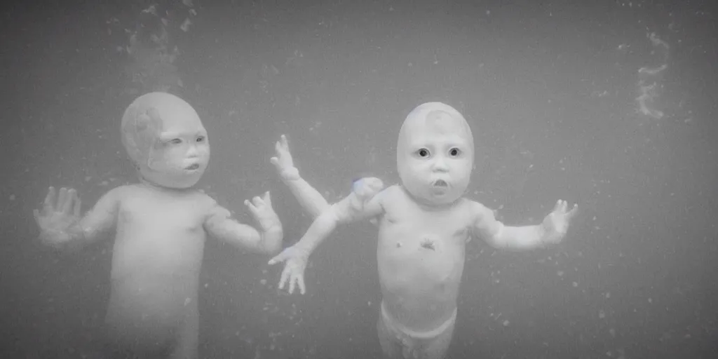 Prompt: underwater ghost babies reaching toward the surface, horror movie, terrifying, night