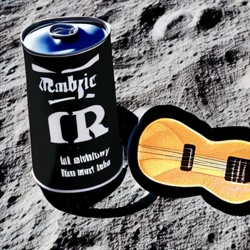 Image similar to detailed realistic idle regular sized electric guitar next to a detailed realistic idle regular sized beer can on the moon surface. detailed photo. realistic photo