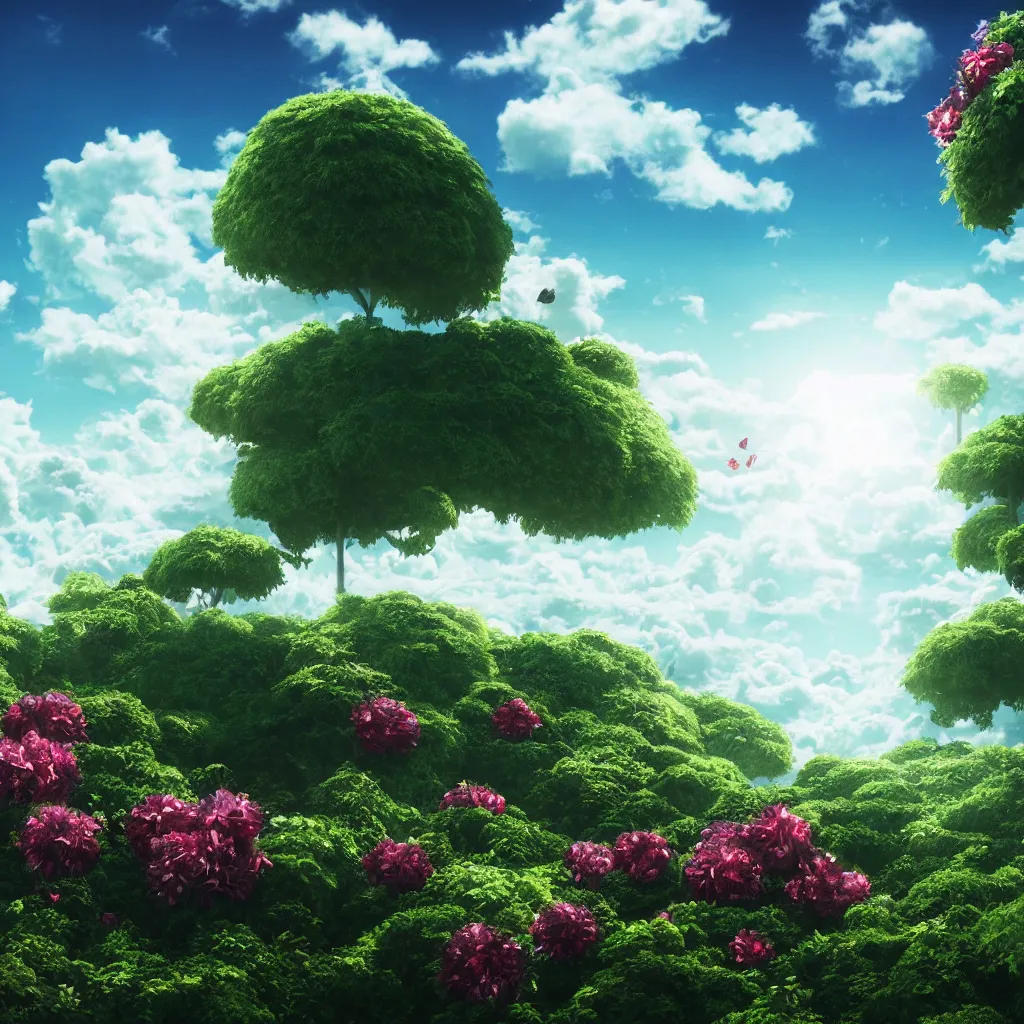 Image similar to city in the sky, flying island, white fluffy cloud, monocular, volumetric light, leaves foliage and stems, hibiscus flowers, alexander mcqueen, rim light, studio ghibli 8 k