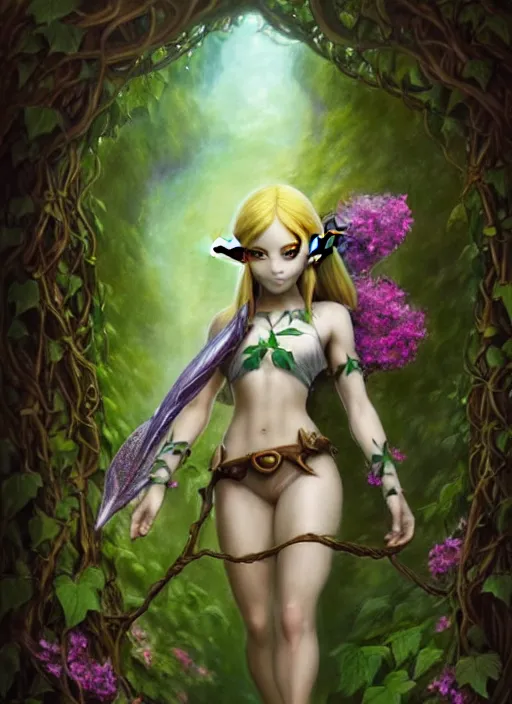 Image similar to beautiful full body portrait of the legend of Zelda ocarina of time great fairy, her body wrapped with ivy vines leaves and flowers, dark fantasy esoteric, D&D, fantasy, cinematic lighting, intricate, elegant, highly detailed, digital painting, artstation, concept art, matte, sharp focus, illustration, art by Artgerm and Tom Bagshaw and Greg Rutkowski and Alphonse Mucha