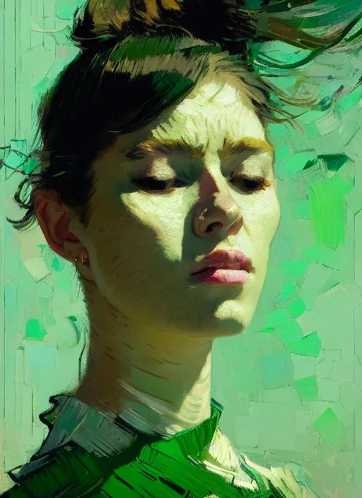 Image similar to portrait of a beautiful girl, eyes closed, open mouth, shades of green, beautiful face, rule of thirds, intricate outfit, spotlight, by greg rutkowski, by jeremy mann, by francoise nielly, by van gogh, digital painting