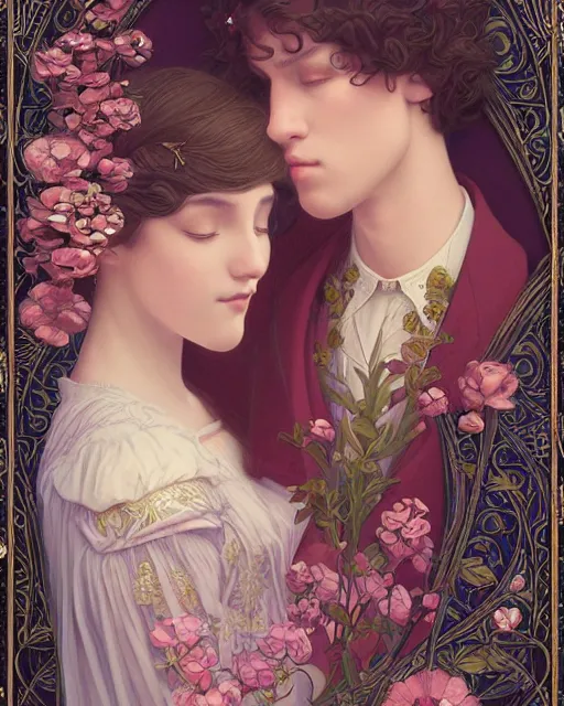 Prompt: lover's fate | romance love passion tenderness, man and woman | highly detailed | very intricate | art nouveau | gold filigree | pre - raphaelite romantic storybook fantasy | made of flowers | soft cinematic lighting | award - winning | painted by mandy jurgens and audrey kawasaki | pastel color palette | featured on artstation