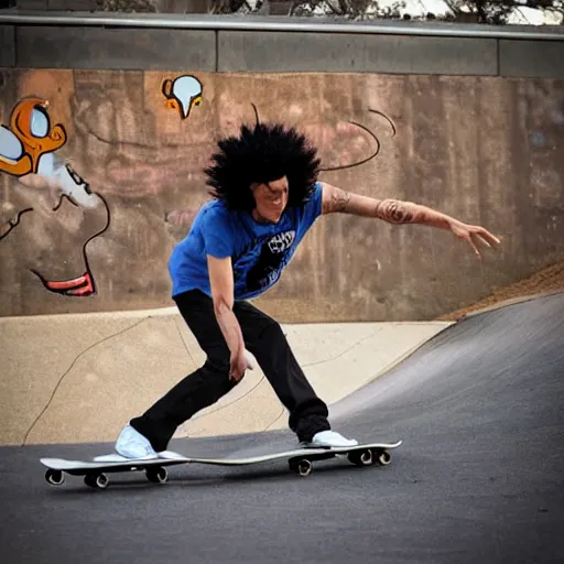 Prompt: skeleton with an afro, brook aka soul king from one piece, skateboarding like a pro, still, doing a handplant skateboarding trick, wearing sun glasses