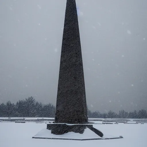 Image similar to a large obelisk on a ice plain. snowing, overcast sky, grainy.