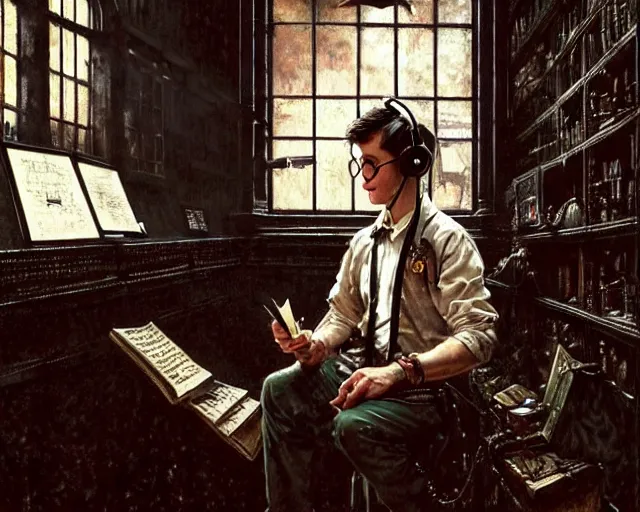 Prompt: a epic norman rockwell painting of harry potter listening to music with headphones on in a dark liminal space room, gritty tech, deep focus, fantasy, intricate, elegant, highly detailed, digital painting, artstation, concept art, matte, sharp focus, illustration, dark fantasy style art, resident evil, art by artgerm and greg rutkowski and alphonse mucha