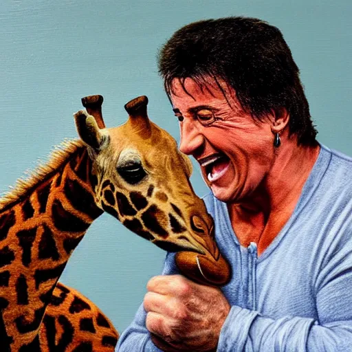 Prompt: Sylvester Stallone laughing hysterically at Danny DeVito riding a tiny giraffe, oil painting