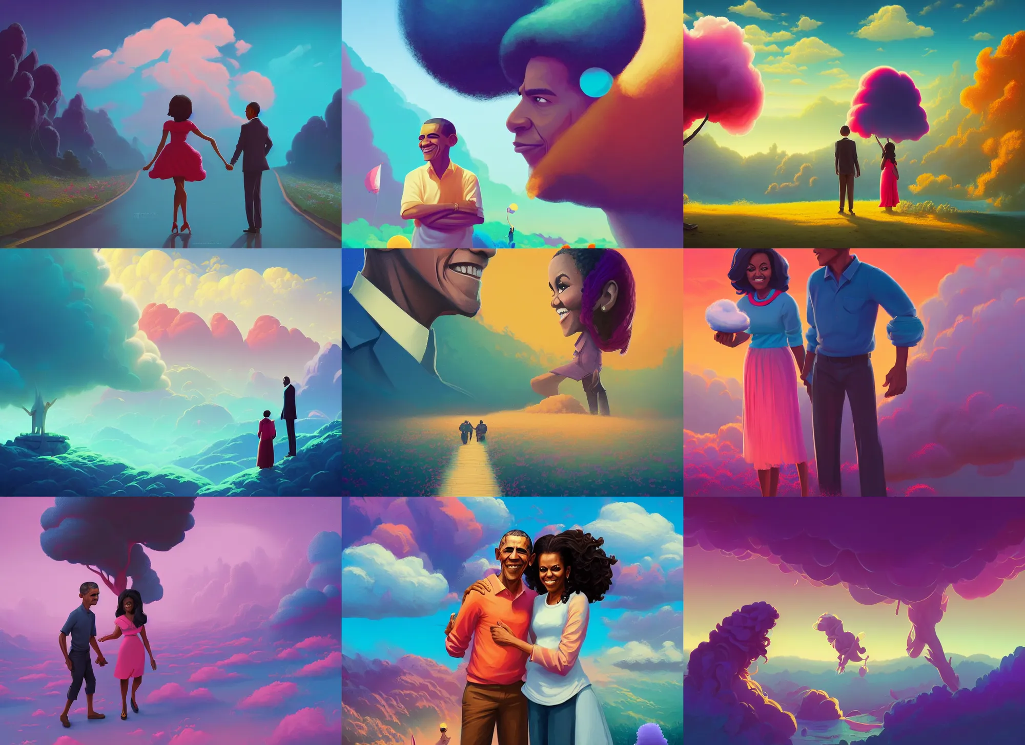 Prompt: Barack and Michelle Obama made from cotton candy, Alena Aenami, Petros Afshar, Noah Bradley, Anton Fadeev, Anato Finnstark, Steve Henderson, Filip Hodas, Mark Keathley, Thomas Kinkade, Phil Koch, Gilbert Williams, Mike Winkelmann, Beeple