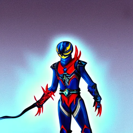 Prompt: High Fantasy Kamen Rider, blue with red secondary color, 4k, glowing eyes, daytime, charcoal color rubber undersuit, dragon inspired armor