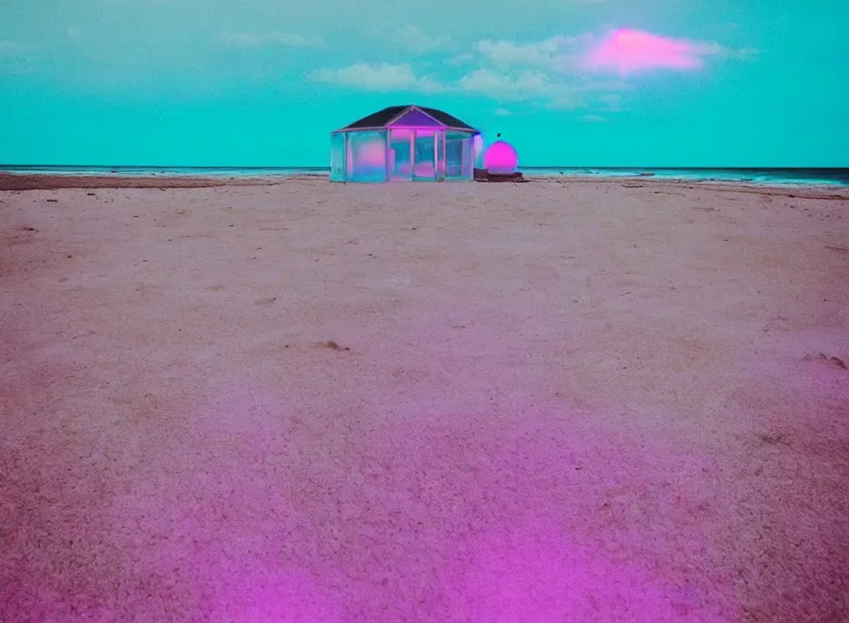 Prompt: a pastel coloured vintage family holiday photo of an empty beach from an alien dreamstate world with chalky pink iridescent!! sand, reflective lavender ocean water, dim bioluminescent plant life and an igloo shaped shiny plastic transparent festival stage and translucent festival box speakers!!. glare. refraction, volumetric light.