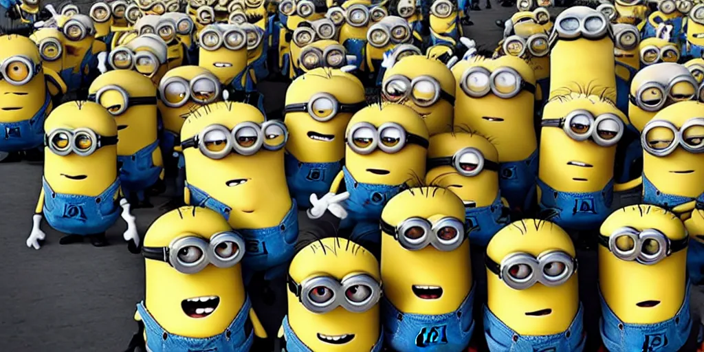 Prompt: an army of minions from despicable me with their head replaced with walter white