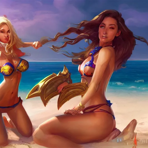 Image similar to bikini girls on the beach, artstation, orthographic, hd, 8 k, sharp high quality artwork in style of greg rutkowski, concept art, blizzard warcraft artwork, hearthstone card artwork