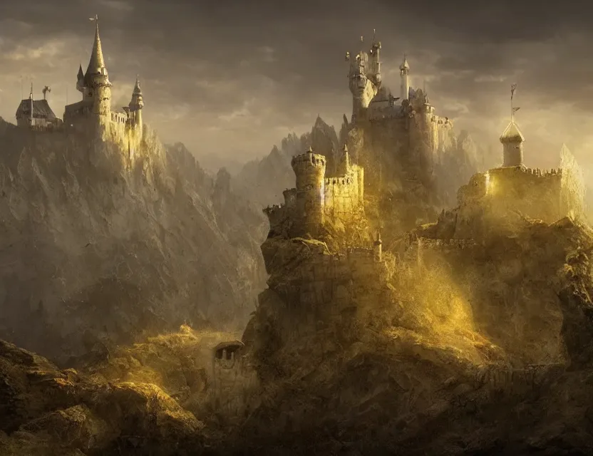 Image similar to Fantasy solitary Castle on a plain, near a river, yellow roofs. Joyful matte painting by Darek Zabrocki and Emmanuel Shiu, 4k ultra detailed, great composition cinematic.