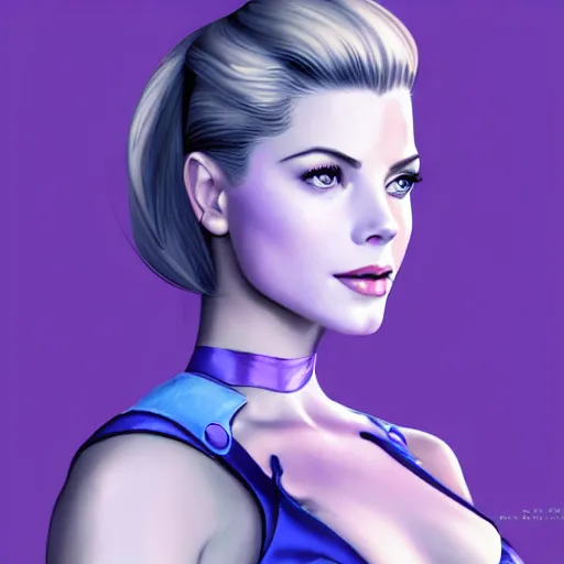 Image similar to A combination of Grace Kelly's and Katheryn Winnick's and Ashley Greene's faces with blue skin and short violet hair as Cortana from Halo, cyberpunk style, synthwave aesthetic, fantasy, intricate, elegant, highly detailed, digital painting, artstation, concept art, matte, sharp focus, illustration, half body portrait, anime style, blue tint, art by Artgerm and Greg Rutkowski and Alphonse Mucha