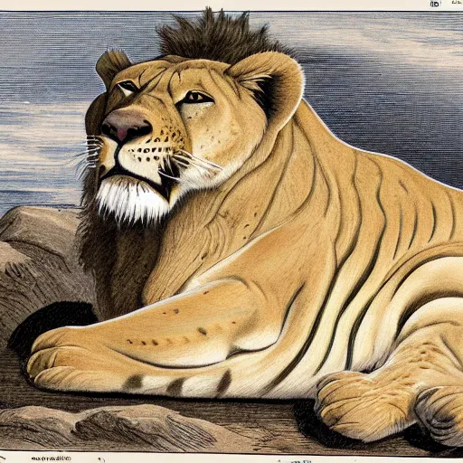 Image similar to a sabertooth cat, lion with huge walrus fangs, naturalist illustration