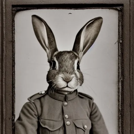 Image similar to a ww1 portrait of a rabbit wearing a uniform