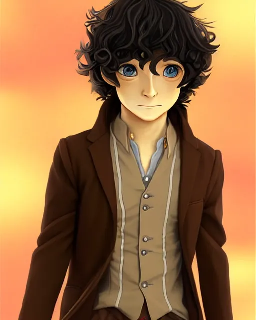 Image similar to portrait Anime joyful Hobbit Frodo Baggins; velvet brown jacket, backpack, Shire background || cute-fine-face, pretty face, realistic shaded Perfect face, fine details. Anime. realistic shaded lighting by brom