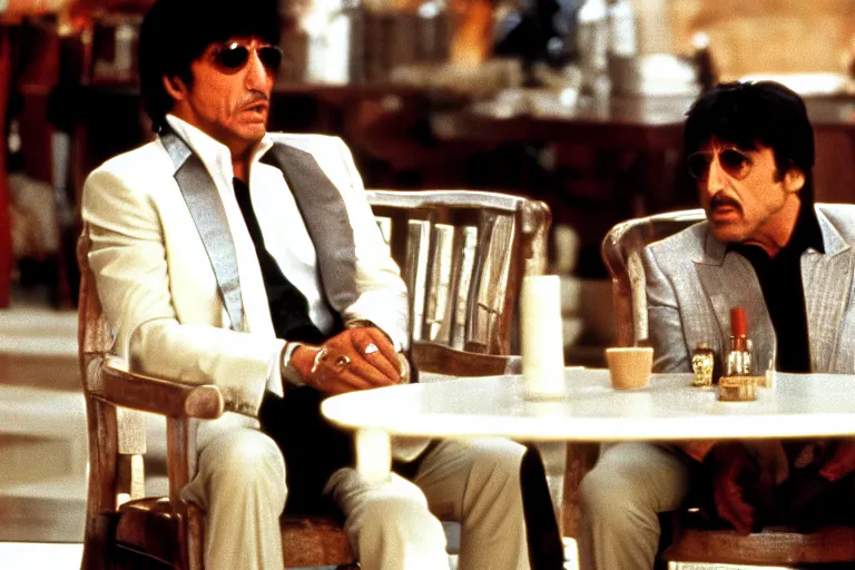 Image similar to tony montana from movie scarface 1 9 8 3 sitting behind a big black oak table with big large packages of flour. al pacino. perfect symmetric face, coherent eyes, long shot, ron cobb, fine details, cinestill, 4 k. last scene from scarface movie, bokeh