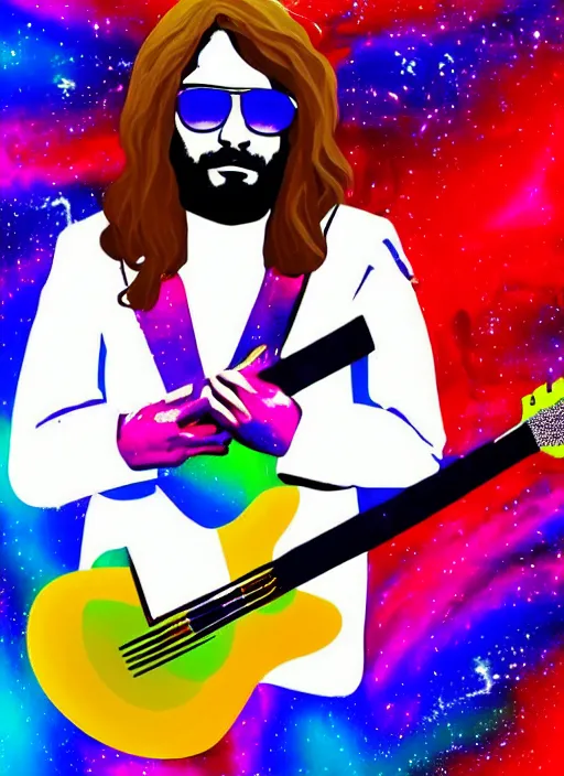 Image similar to Jesus playing guitar wearing shades & white suit, melting colors, nebula, cosmos, space, 4x upscaled, psychedelic, spiritual art, light language coming from the guitar