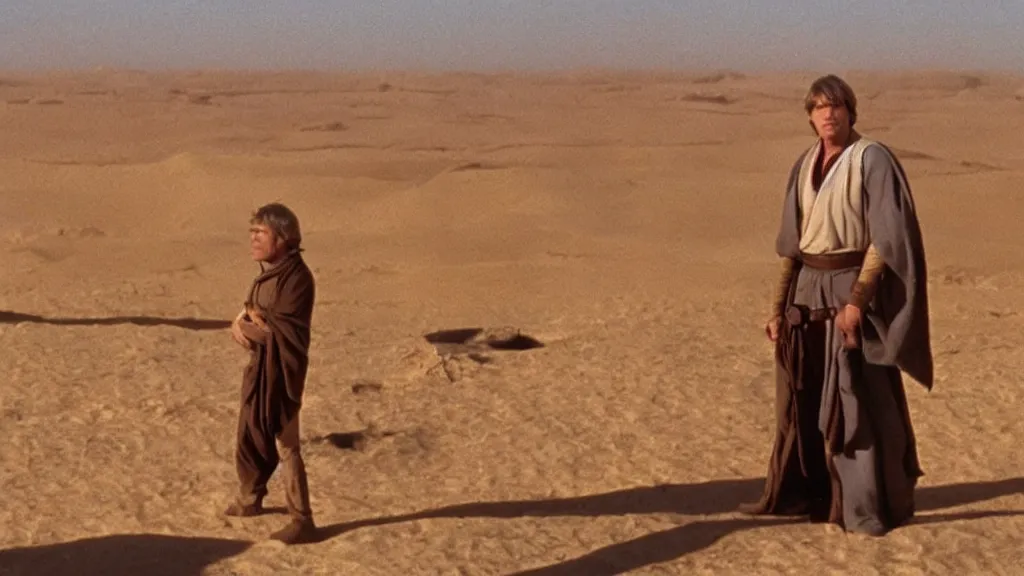Prompt: film still tatooine A new hope Luke skywalker looks at suns moisture farm dome house
