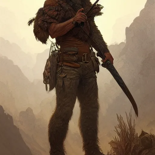 Image similar to portrait of a rugged ranger, full body, hairy torso, D&D, fantasy, intricate, elegant, highly detailed, digital painting, artstation, concept art, matte, sharp focus, illustration, art by Artgerm and Greg Rutkowski and Alphonse Mucha