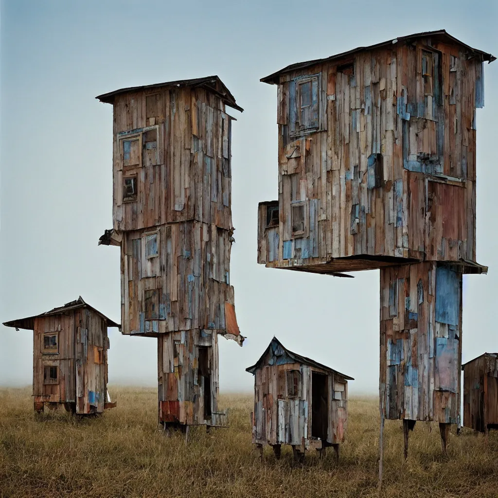 Image similar to two high towers made up of makeshift squatter shacks with faded colours, plain uniform sky at the back, misty, mamiya, ultra sharp, very detailed, photographed by julie blackmon