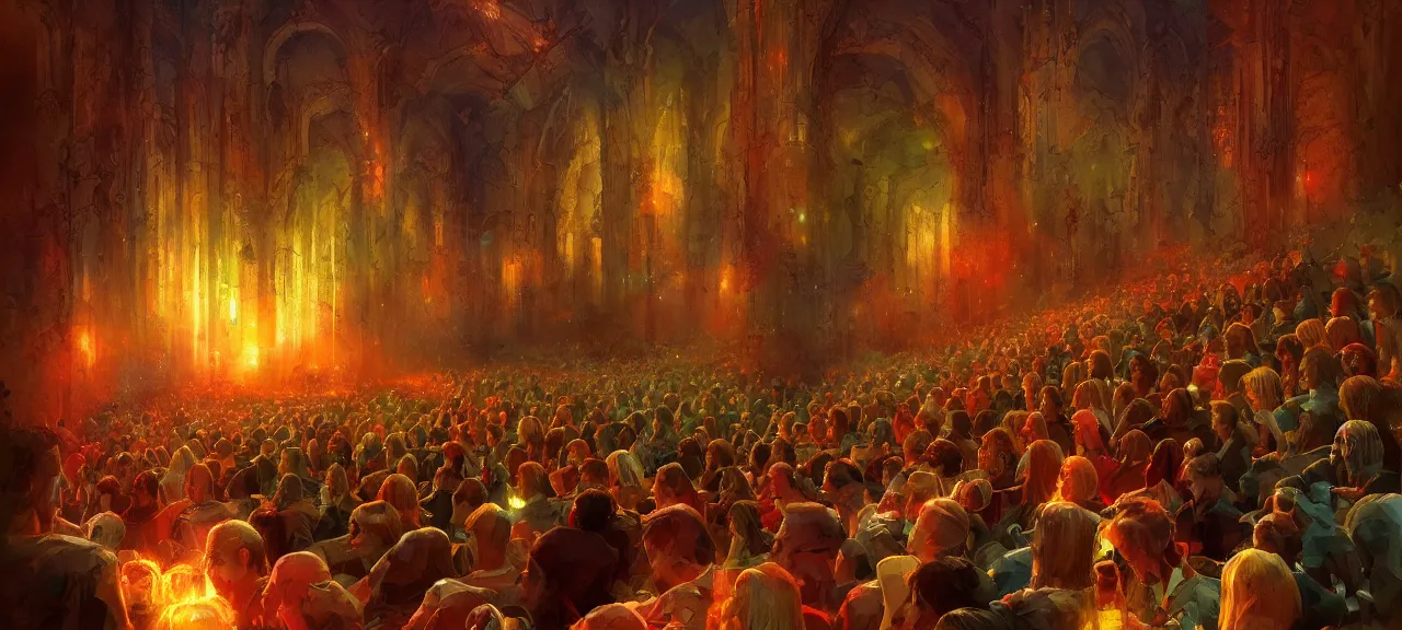 Prompt: human souls sit in the cinema and watch very deeply the light of consciousness projecting their lives on the screen of physical reality, realistic image full of sense of spirituality, life meaning, happy atmosphere, by Marc Simonetti