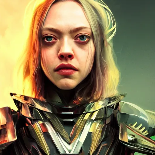 Image similar to amanda seyfried portrait, dystopia core, apocalyptic, armor, warrior, dramatic, sharp focus, fiction, neon, fantasy, hyper detailed, digital art, trending in artstation, cinematic lighting, studio quality, smooth render, unreal engine 5 rendered, octane rendered, art style and nixeu and wlop and krenz cushart