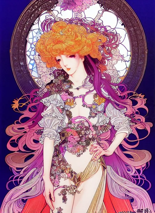 Image similar to artstation highly detailed terada katsuya manga poster of girl mechine, rainbow gradient reflection bloom, ayami kojima, long hair, wapon, armor, dress, laces, ruffles, 8 k, maximalist, alphonse mucha