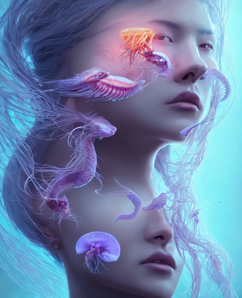 Image similar to beautiful female close-up portrait. orchid jellyfish, deep angler fish, phoenix head, nautilus, skull, betta fish, bioluminiscent creatures, intricate artwork by Tooth Wu and wlop and beeple. octane render, trending on artstation, greg rutkowski, xsullo, very coherent symmetrical artwork. cinematic, hyper realism, high detail, octane render, 8k