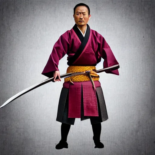 Image similar to Samurai master standing with holding sword , realistic photo illustration