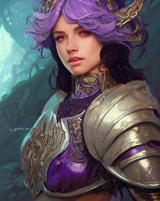 Image similar to Portrait of a Fantasy amethyst knight, moonlit, HD, illustration, epic, D&D, fantasy, intricate, elegant, highly detailed, digital painting, artstation, concept art, smooth, sharp focus, illustration, art by artgerm and greg rutkowski and alphonse mucha, monster hunter illustrations art book