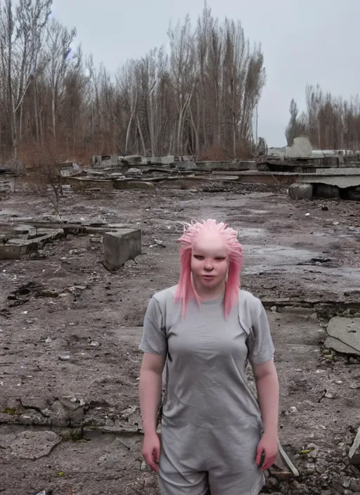 Image similar to humanistic anthropomorphic female axolotl exploring the ruins of chernobyl wasteland, front face