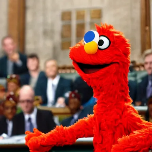 Image similar to Elmo speaking in british parliament while everything is burning around him