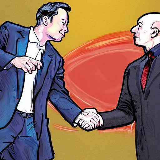 Prompt: illustration of a meeting between elon musk, mark zuckenberg, jeff bezos, very detailled, by artgem