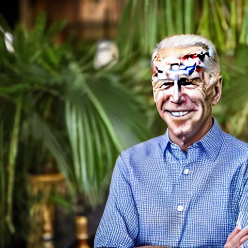 Image similar to A Photo Portrait of Joe Biden Wearing Indonesian Batik Tulis at a fancy Balinese restaurant, award winning photography, sigma 85mm Lens F/1.4, blurred background, perfect faces