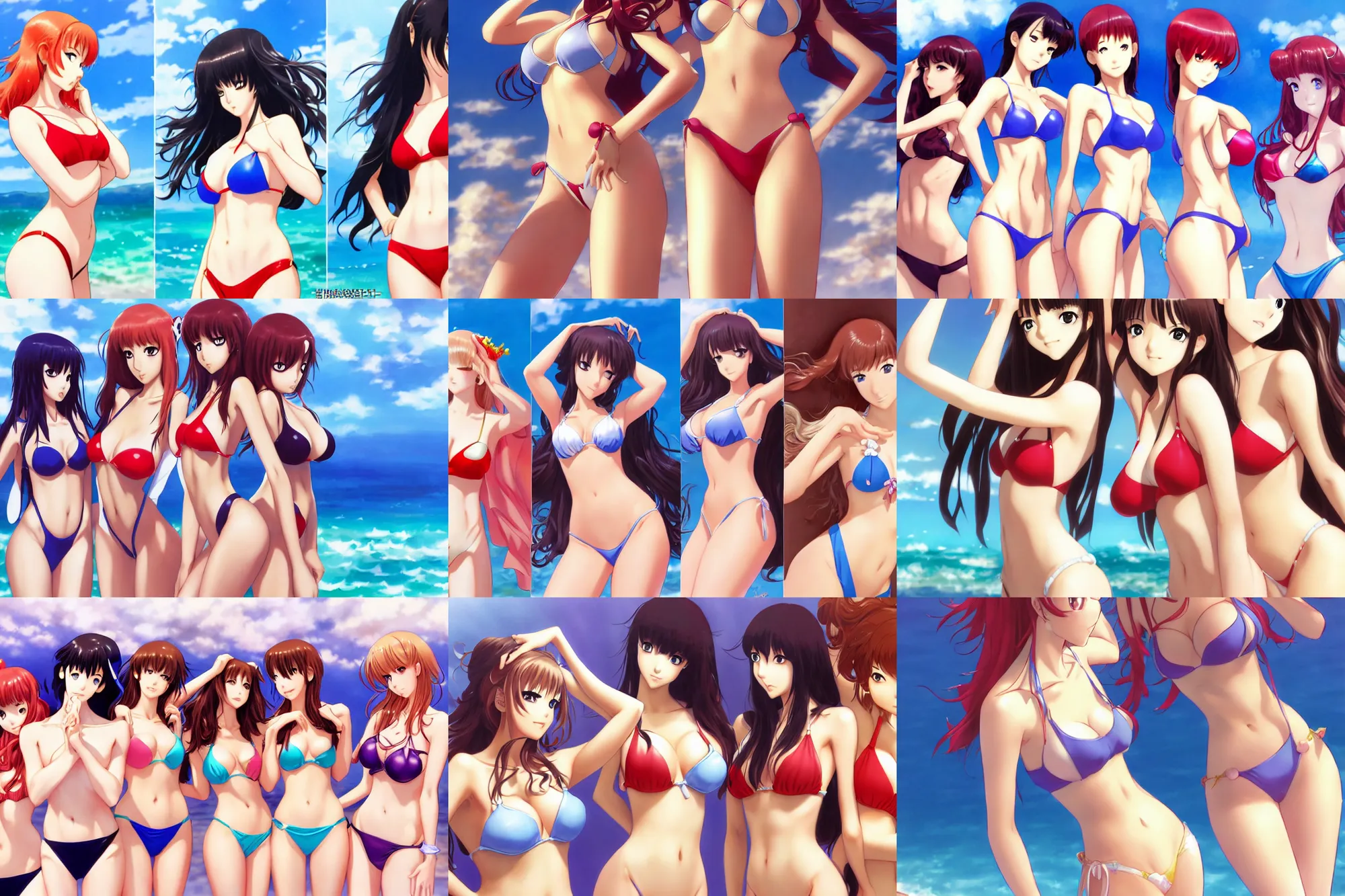 Image similar to close - up princesses posing together in bikini. by takashi takeuchi, yoshiyuki sadamoto, amagaitaro, makoto shinkai, krenz cushart, asao urata, pixiv
