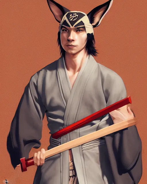 Prompt: An athletic man with fox ears and a katana wearing a kimono, portrait, visualartzi, Japanese, concept art by Karla Ortiz, James Paick, Charlie Bowater, Krenz Cushart, highly detailed, ultra detailed, ultra realistic, trending on artstation, cgstudio